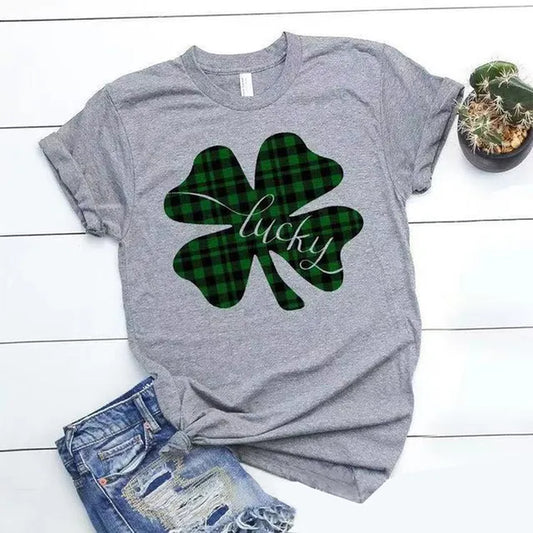 Lucky Letter Print Tshirt Women St.Patrick’S Day Plaid Clover Graphic T Shirt Short Sleeve Tees Ladies Harajuku T-Shirt Tops